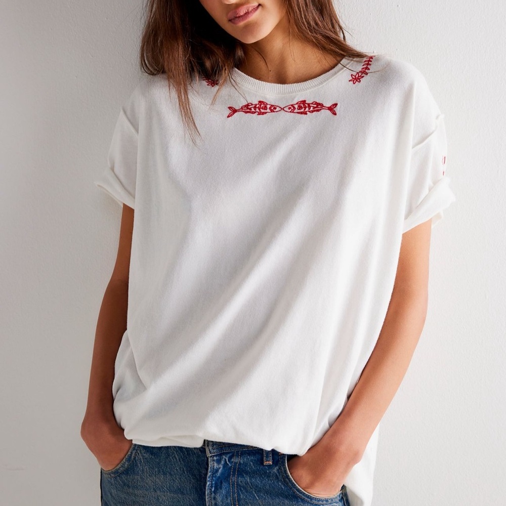 Free People Relaxed White and Red Embellished Tee